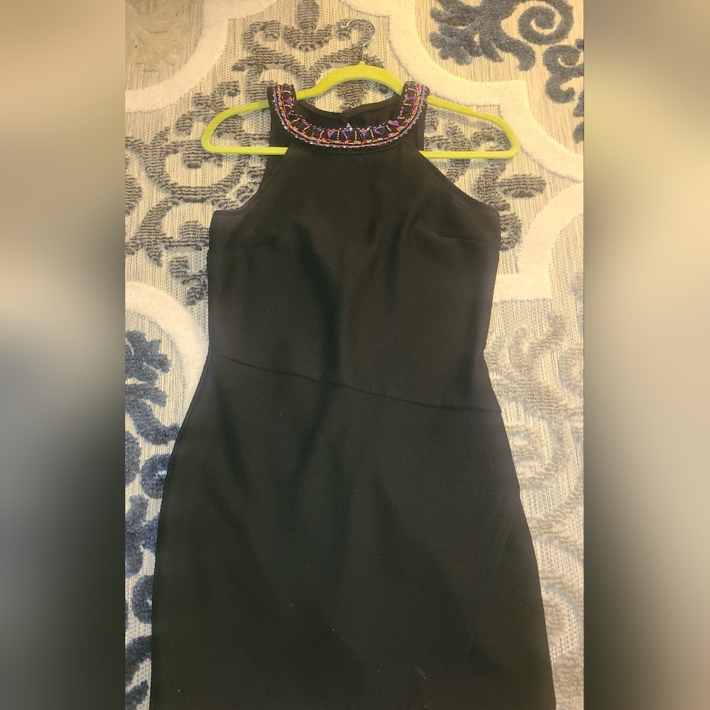 Black Mini Dress - Beaded Neckline